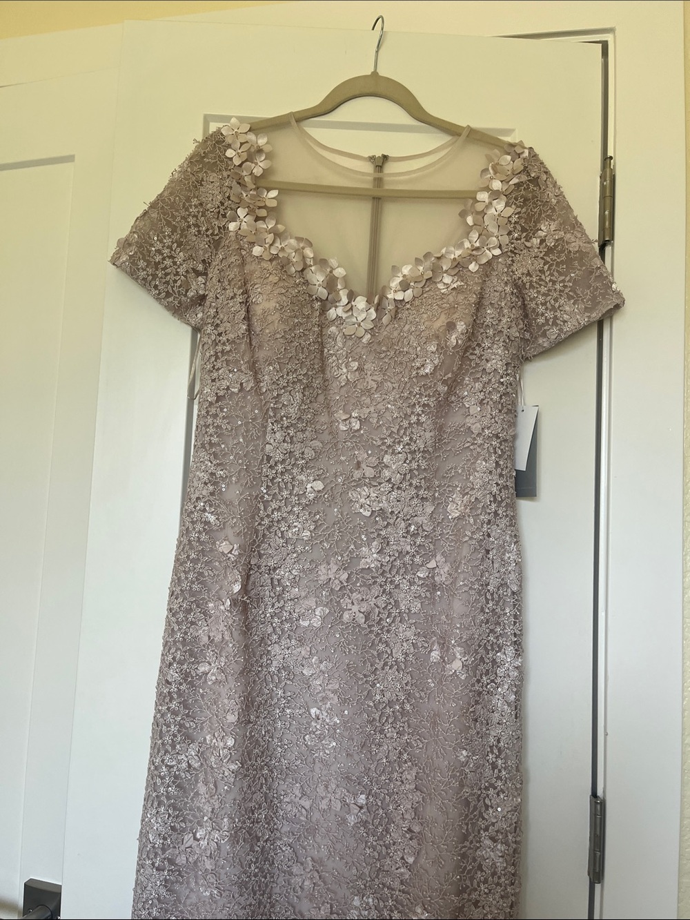 Teri Jon Dusty Rose Lace Midi Dress with 3D Floral Appliqué